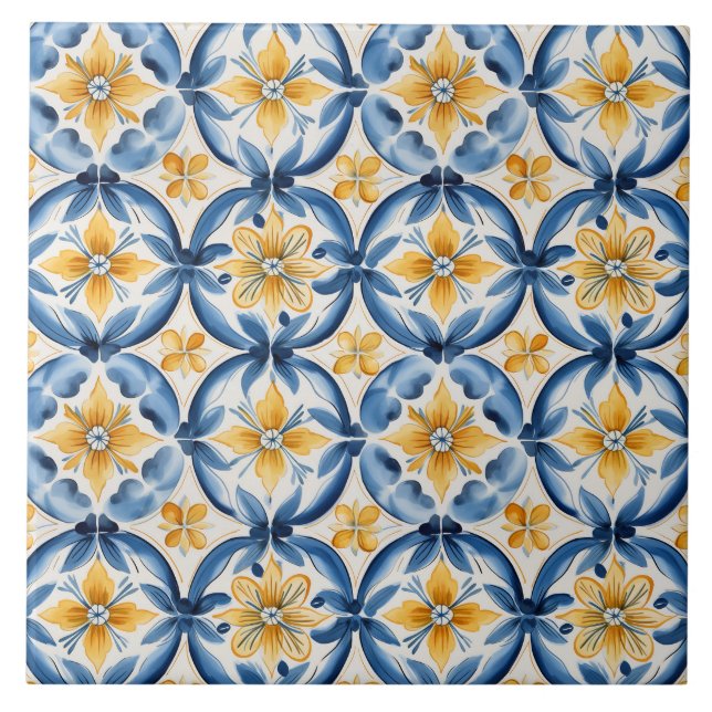 Mediterranean Blue & Yellow Floral Ceramic Tile (Front)