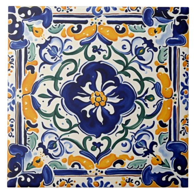 Mediterranean Blue Yellow Floral Flower Portuguese Ceramic Tile (Front)