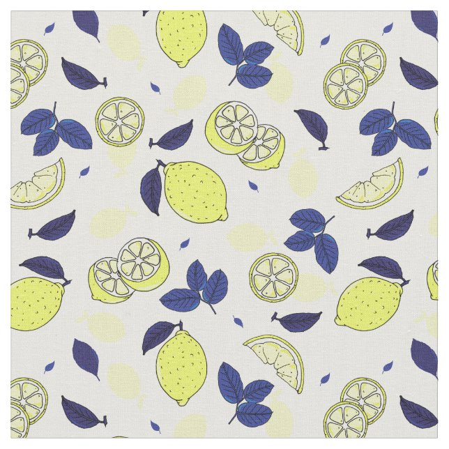 Mediterranean Blue Yellow Lemon Slices Pattern Fabric (Close Up)