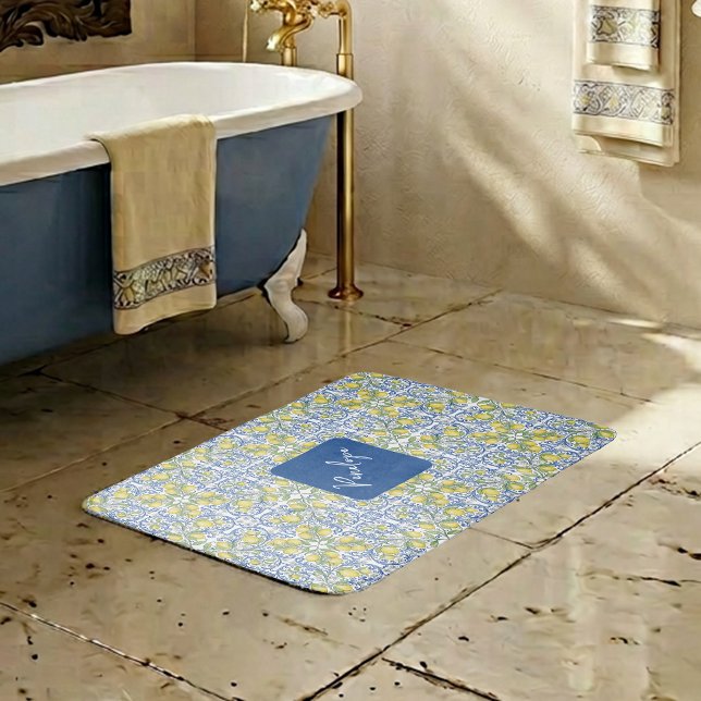Mediterranean Blue & Yellow Lemon Tile Pattern Bath Mat (Mediterranean Blue & Yellow Lemon Tile Pattern Bath Mat)