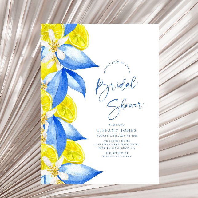 Mediterranean Blue Yellow Lemons Bridal Shower Invitation (Creator Uploaded)
