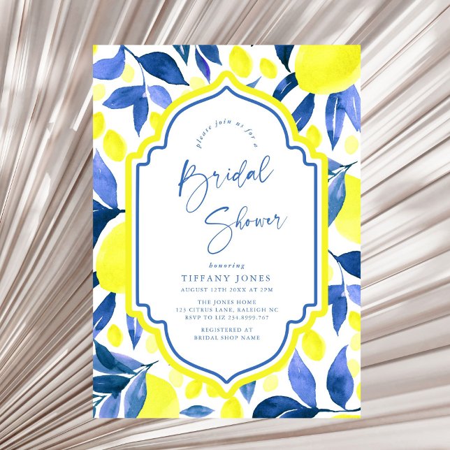 Mediterranean Blue Yellow Lemons Bridal Shower Invitation (Creator Uploaded)