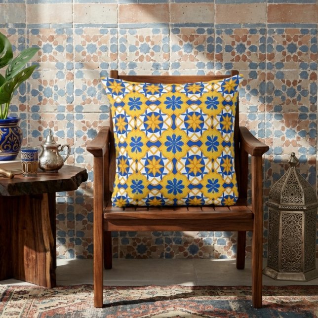 Mediterranean Blue Yellow Moroccan Tile Pattern Cushion (Creator Uploaded)