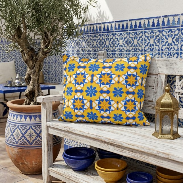 Mediterranean Blue Yellow Moroccan Tile Pattern Decorative Cushion (Creator Uploaded)