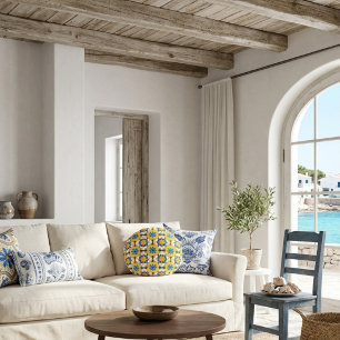 Mediterranean Blue Yellow Moroccan Tile Pattern Round Cushion