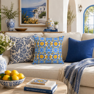 Mediterranean Blue Yellow Portuguese Pattern Cushion