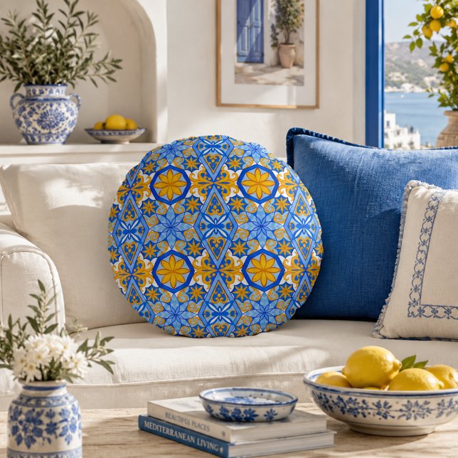 Mediterranean Blue Yellow Portuguese Pattern Round Cushion (Creator Uploaded)