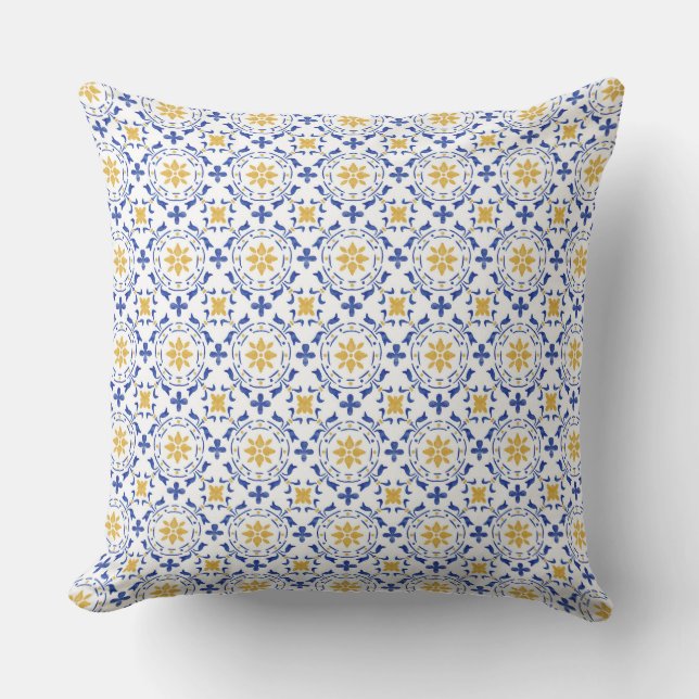 Mediterranean Blue & Yellow Tile Throw Pillow (Front)