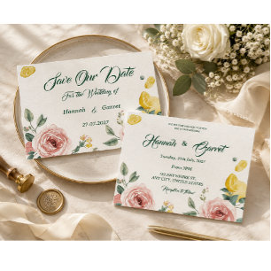 Mediterranean Blush Rose & Lemon Wedding Invitation