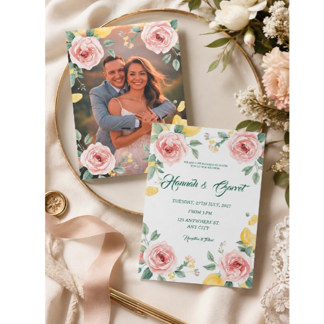 Mediterranean Blush Rose & Lemon wedding Invitation (Creator Uploaded)