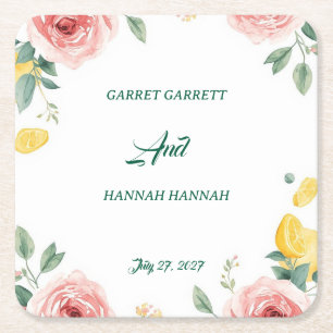 Mediterranean Blush Rose & Lemon Wedding Square Paper Coaster