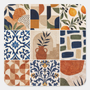 Mediterranean Boho Tile Pattern Square Sticker
