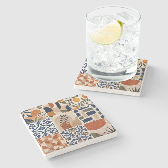 Mediterranean Boho Tile Pattern Stone Coaster (Side)