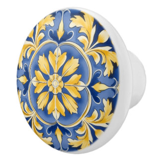 Mediterranean Botanical Pattern - Blue and Yellow Ceramic Knob