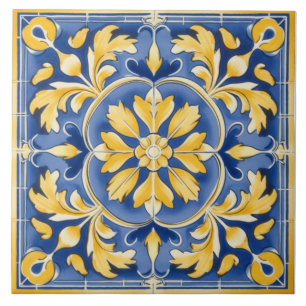 Mediterranean Botanical Pattern - Blue and Yellow Ceramic Tile