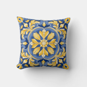 Mediterranean Botanical Pattern - Blue and Yellow  Cushion