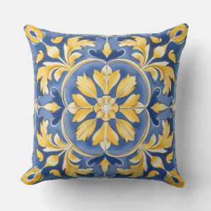 Mediterranean Botanical Pattern - Blue and Yellow Cushion