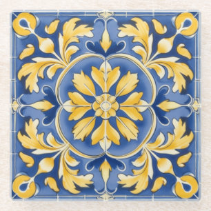 Mediterranean Botanical Pattern - Blue and Yellow Glass Coaster