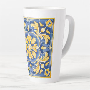Mediterranean Botanical Pattern - Blue and Yellow Latte Mug