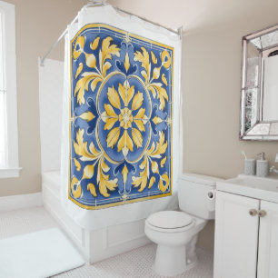 Mediterranean Botanical Pattern - Blue and Yellow Shower Curtain