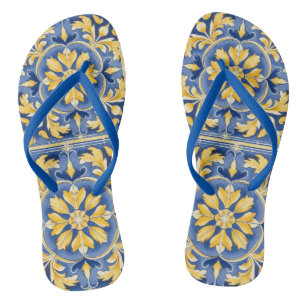 Mediterranean Botanical Pattern - Blue and Yellow Thongs