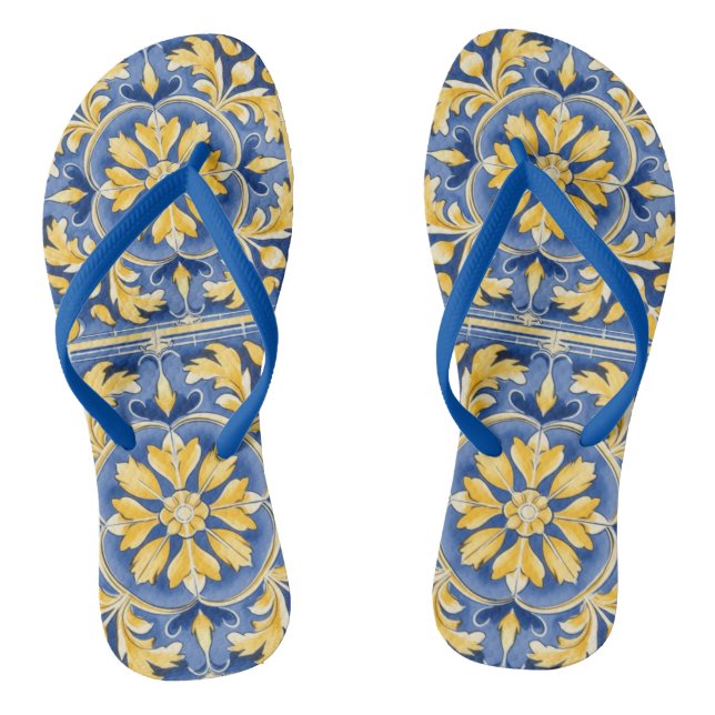 Mediterranean Botanical Pattern - Blue and Yellow Thongs (Footbed)