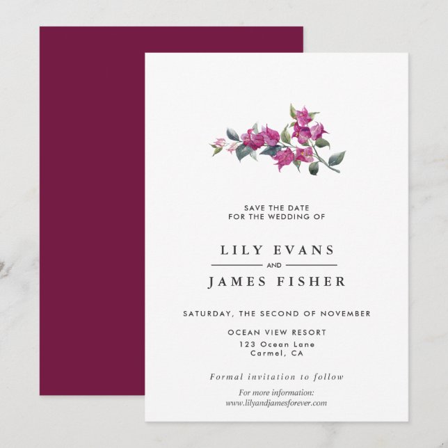Mediterranean Bougainvillea Pink Save the Date Inv Invitation (Front/Back)