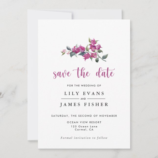 Mediterranean Bougainvillea Pink Save the Date Invitation (Front)