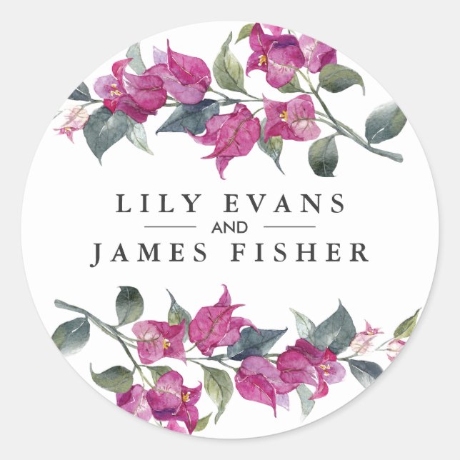 Mediterranean Bougainvillea Wedding Favour Sticker (Front)