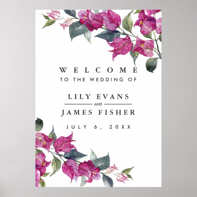 Mediterranean Bougainvillea Wedding  Welcome Sign (Front)