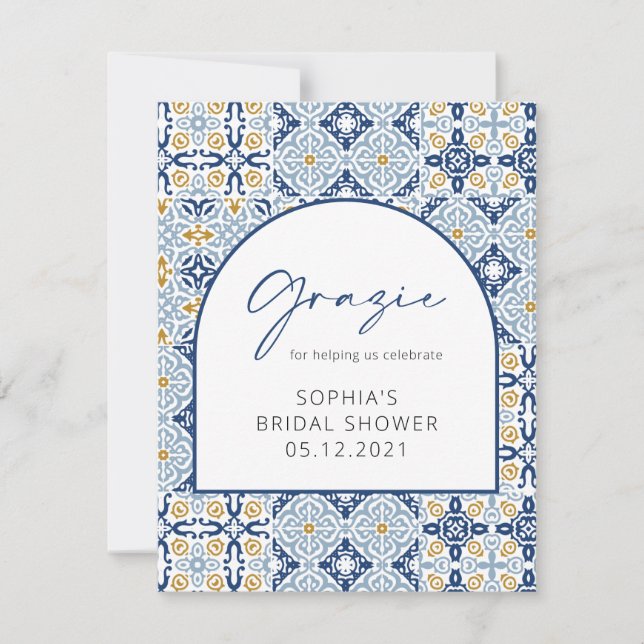 Mediterranean Bridal Shower Grazie Thank You Card (Front)