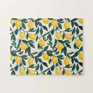 Mediterranean Bright Yellow Lemon Patterned Jigsaw Puzzle