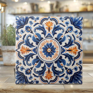 Mediterranean Ceramic Tile with Blue and Orange