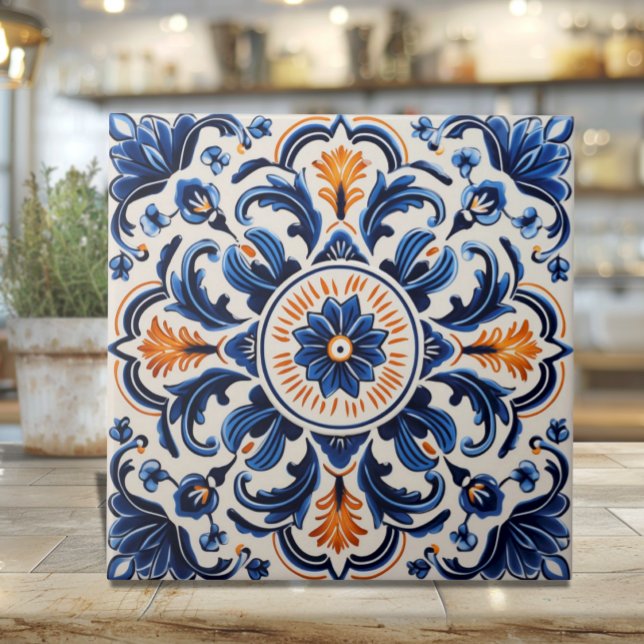 Mediterranean Ceramic Tile with Blue and Orange (Mediterranean Pottery Style Ceramic Tile - Sicilian heritage)