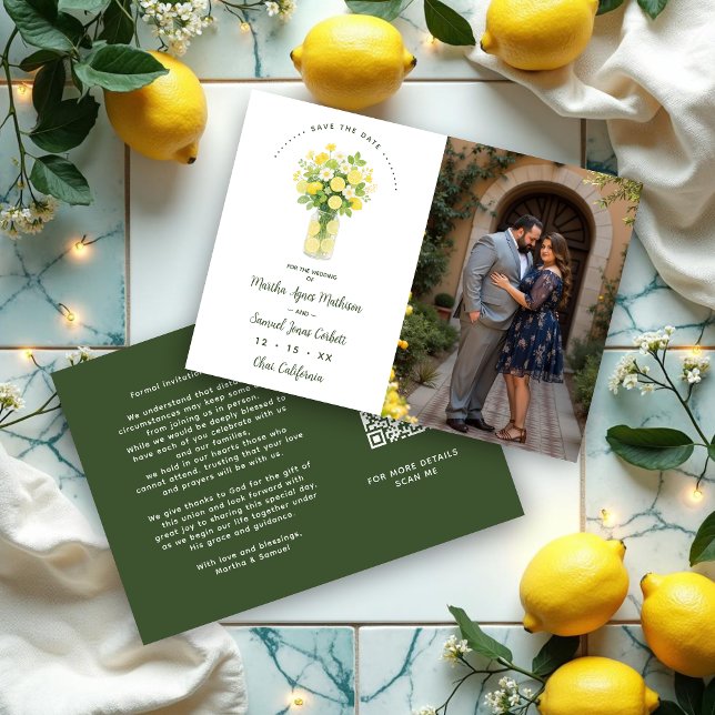 Mediterranean Cheerful Floral Arrangement Lemons Save The Date (Mediterranean Cheerful Floral Arrangement Lemons & Flowers Wedding Save the Date Cards with Photo)