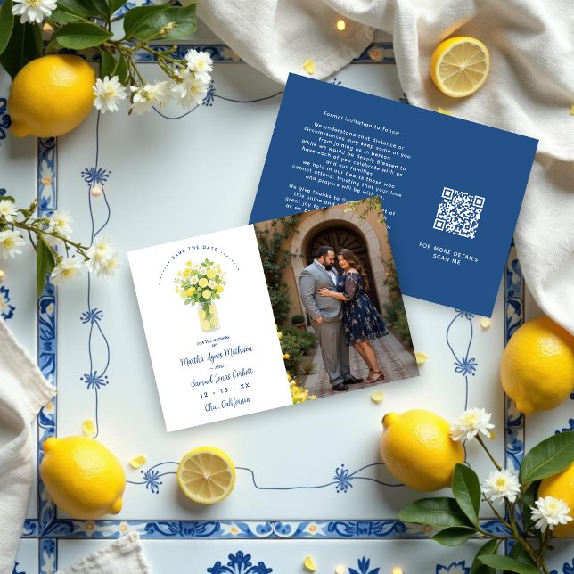 Mediterranean Chic Blue Floral Arrangement Lemons Save The Date (Mediterranean Cheerful Floral Arrangement Lemons & Flowers Wedding Save the Date Cards with Photo.)