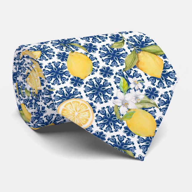Mediterranean Citrus Lemon Pattern Tie (Rolled)