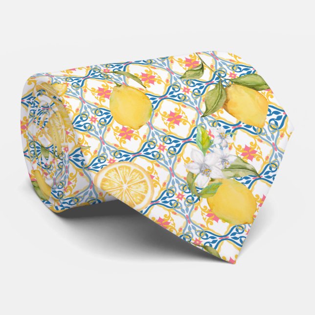 Mediterranean Citrus Lemon Pattern Tie (Rolled)