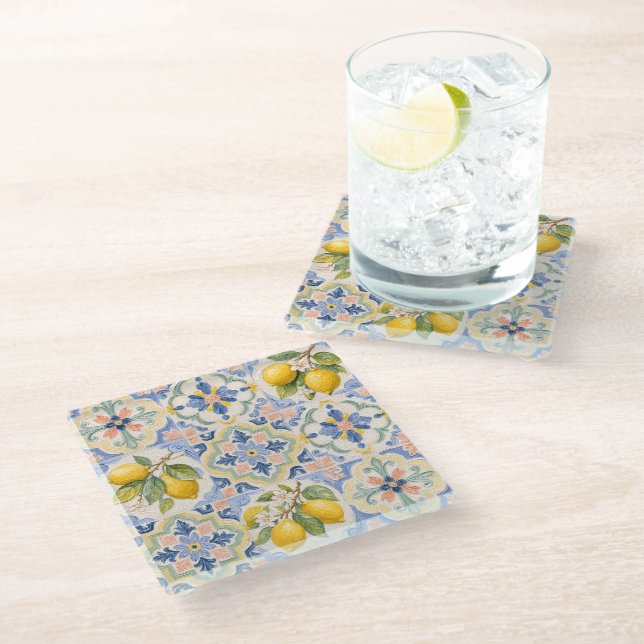  Mediterranean Citrus Majolica Tile Pattern  Glass Coaster (Angled)