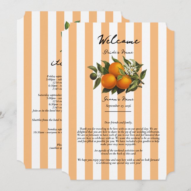 Mediterranean Citrus Orange Wedding Itinerary Program (Front/Back)
