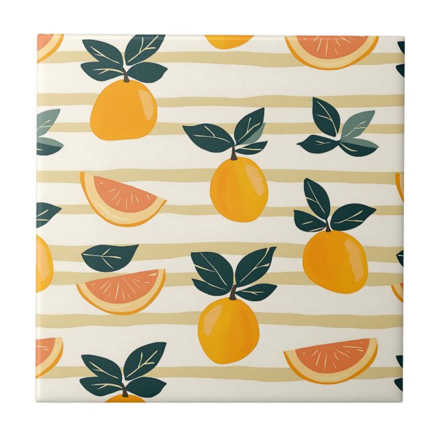 Mediterranean Citrus & Pink Grapefruit Stripes Ceramic Tile (Front)