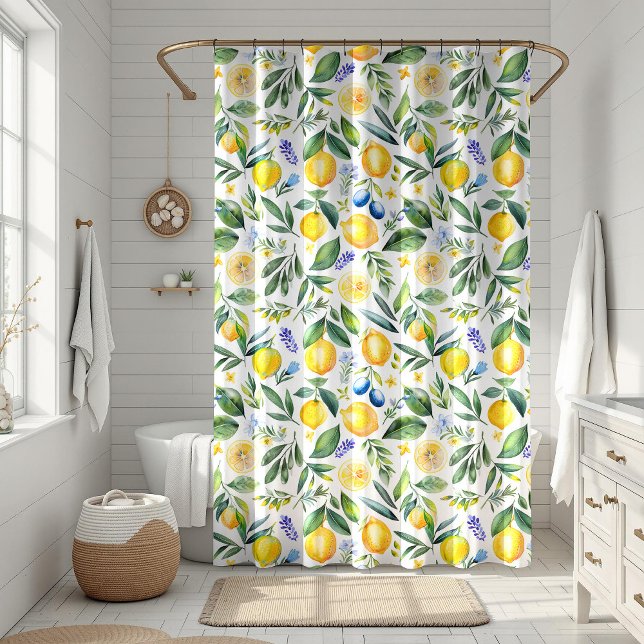 Mediterranean Citrus with Blue Flowers Shower Curtain (Mediterranean Citrus with Blue Flowers Shower Curtain in a white boho bathroom.)