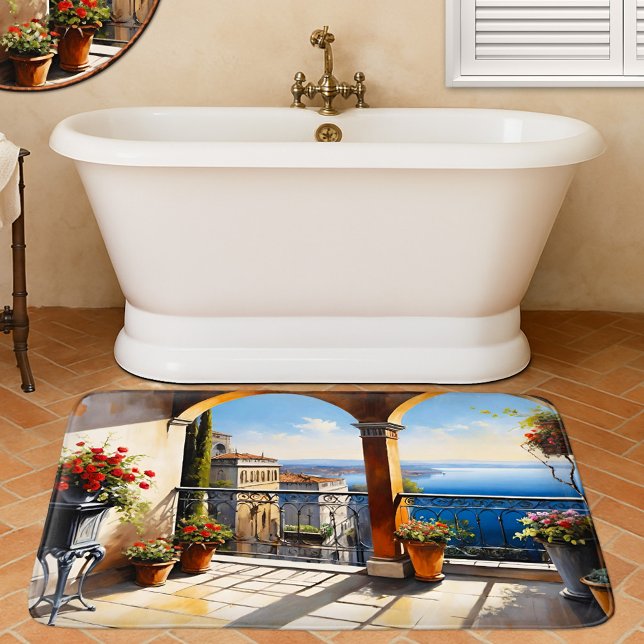 Mediterranean Coast Italian Balcony  Bath Mat (Bath mat featuring a painting of the Italian coast with terra cotta flower pots.)
