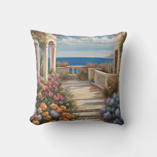 Mediterranean Coast Sea View With Flowers Cushion