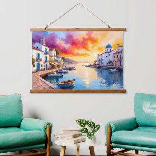 Mediterranean Coastal Village Sunset Hanging Tapestry