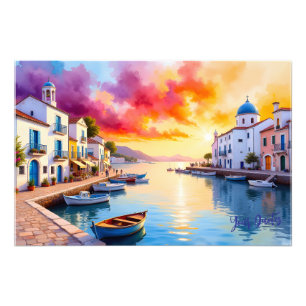 Mediterranean Coastal Village Sunset Photo Print