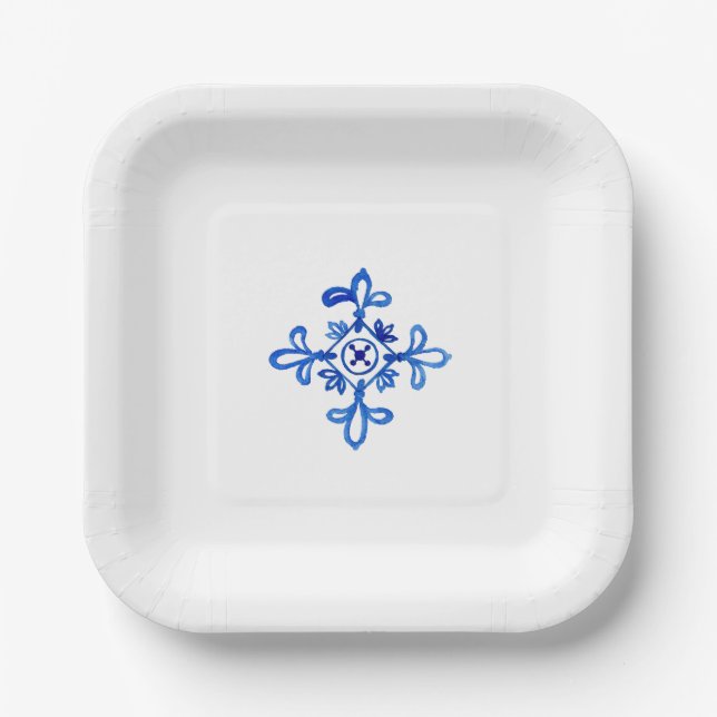 Mediterranean Cobalt Blue Tile Generic Paper Plate (Front)