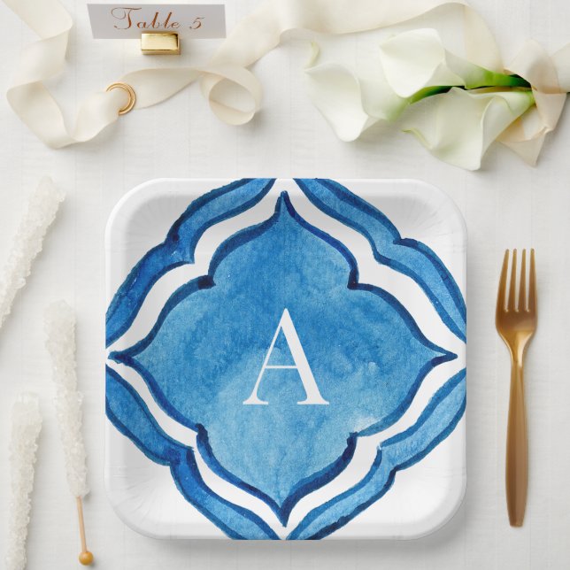 Mediterranean Cobalt Blue Tile Monogram II Paper Plate (Wedding)