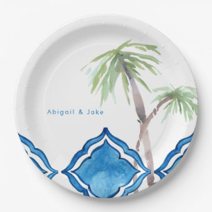 Mediterranean Cobalt Blue Tile Personalised round Paper Plate