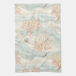 Mediterranean Coral Blue Orange Sandy Beige Tea Towel